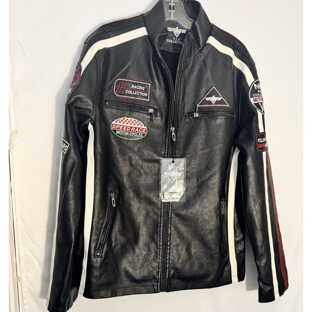 V.I.P. Collection Racing Jacket Mens  L Black Pleather Motorcycle VFP-40 NWT Des